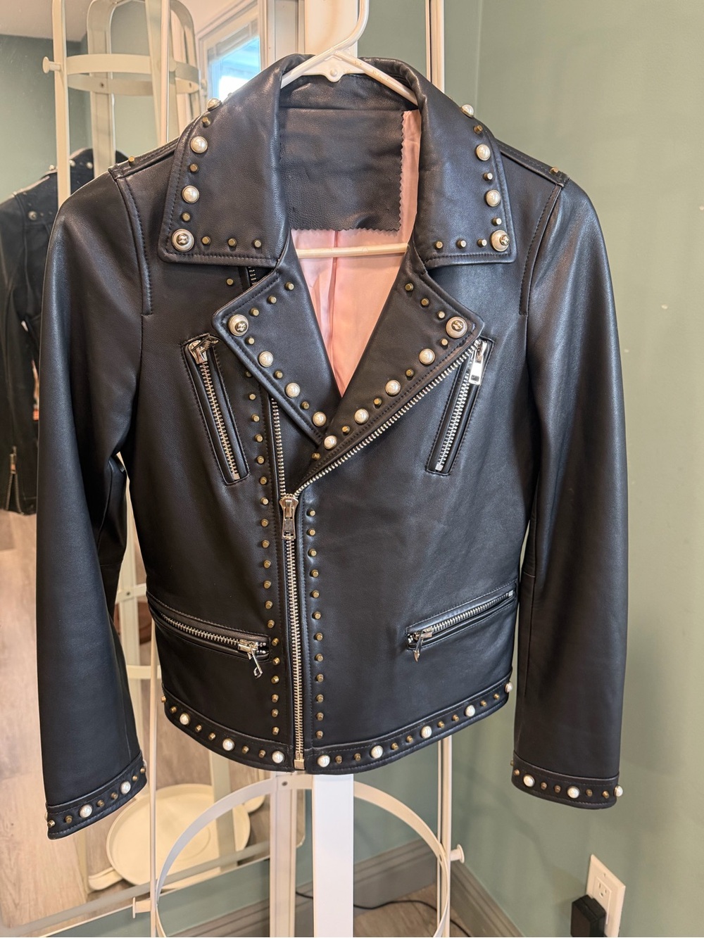 Vintage Black Lambskin Leather Moto Jacket Pearl Studded Pink Satin Lining S